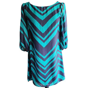 Teeze Me Lined Sheer Shift Dress Teal Green & Navy Chevron Print Women's S